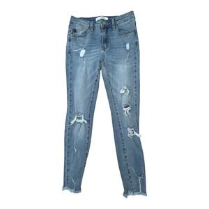 Kancan Womens Distressed Skinny Jeans Size 5/26‎ Medium Wash Frayed Hem Grunge